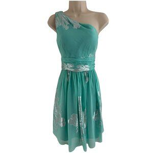 Eliza J‎ Aqua Silver Metallic Silk Blend One Shoulder Dress Size 8 Wedding Party
